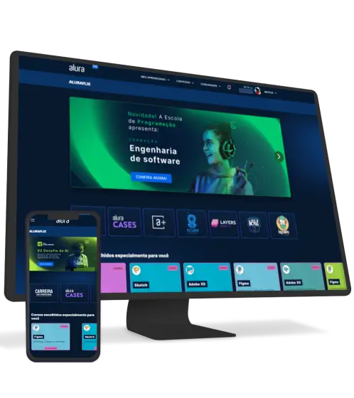 monitor e celular com site da alura plus aberto